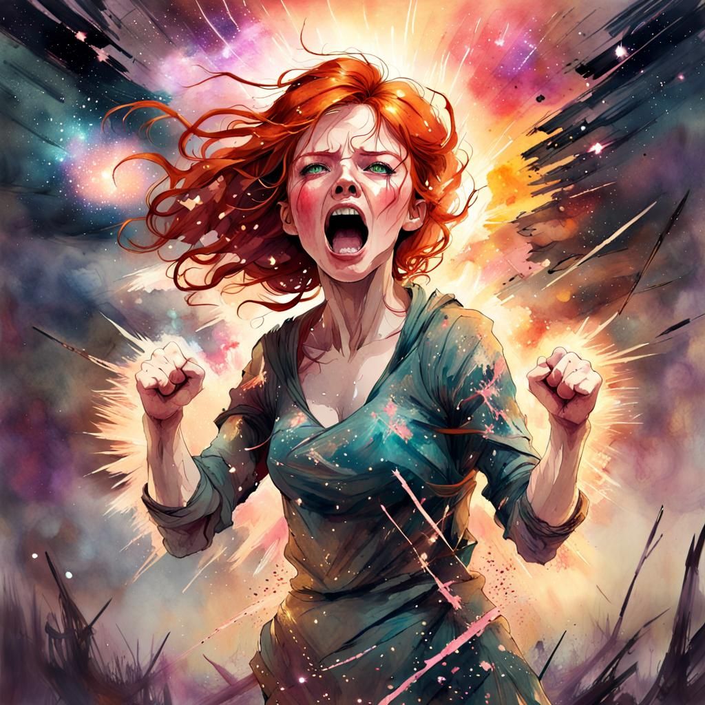 Redhead Scream Goddess in Digital Watercolor Cosmos
