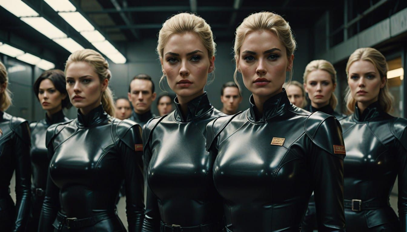 Elegant Female Latex Soldiers in High Heeled Boots