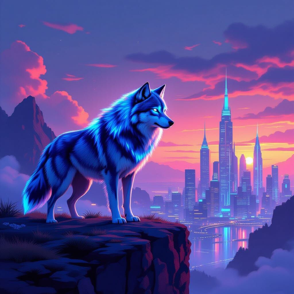 Majestic Wolf Overlooking Futuristic City at Dusk