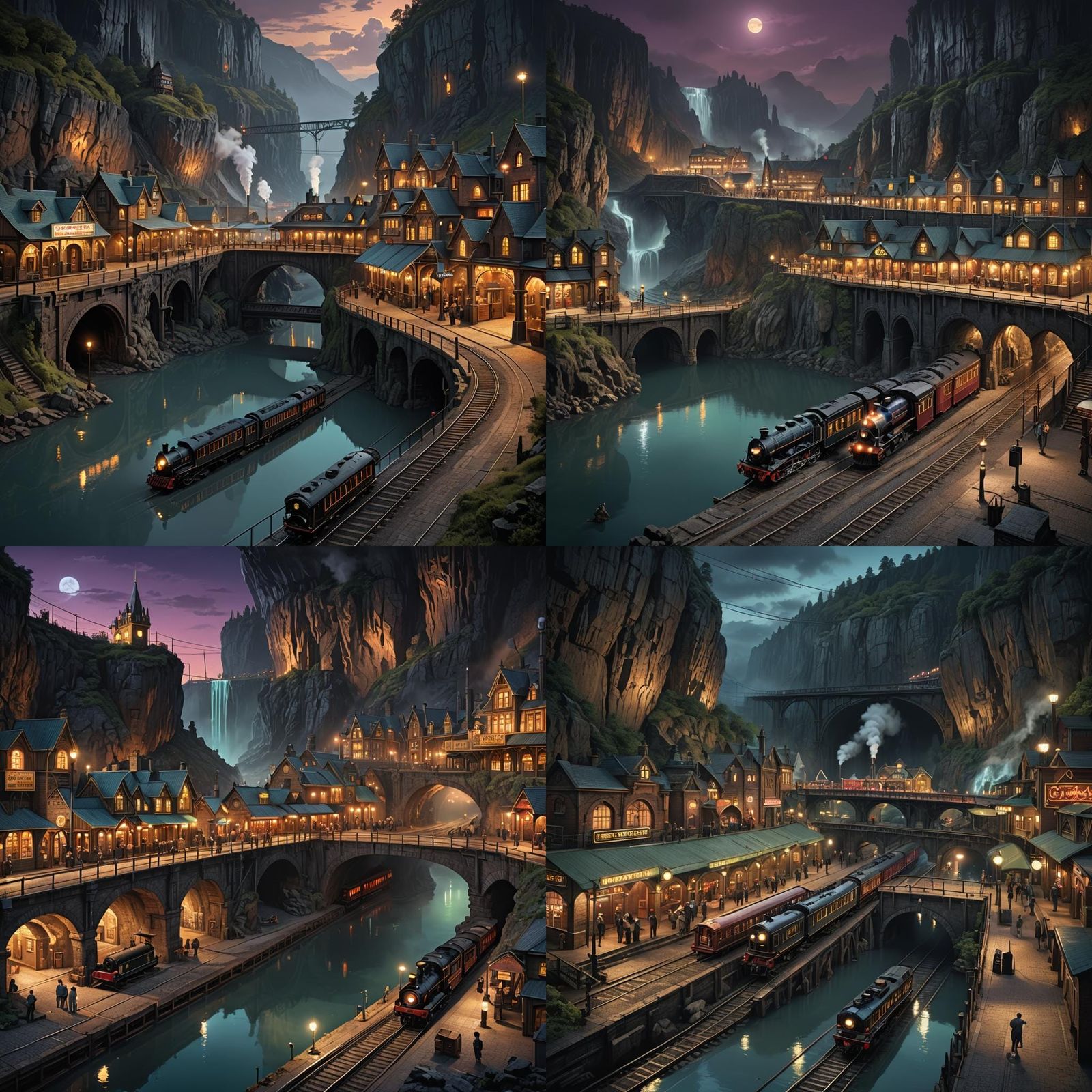 Steampunk Cavern Train Station at Night