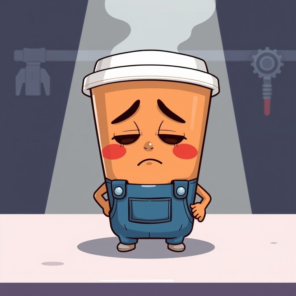Sad Coffee Cup Mechanic Cartoon Character