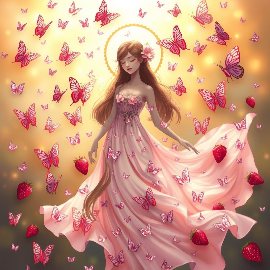 Goddess of Iridescent Butterflies in Pastel Pink Gown