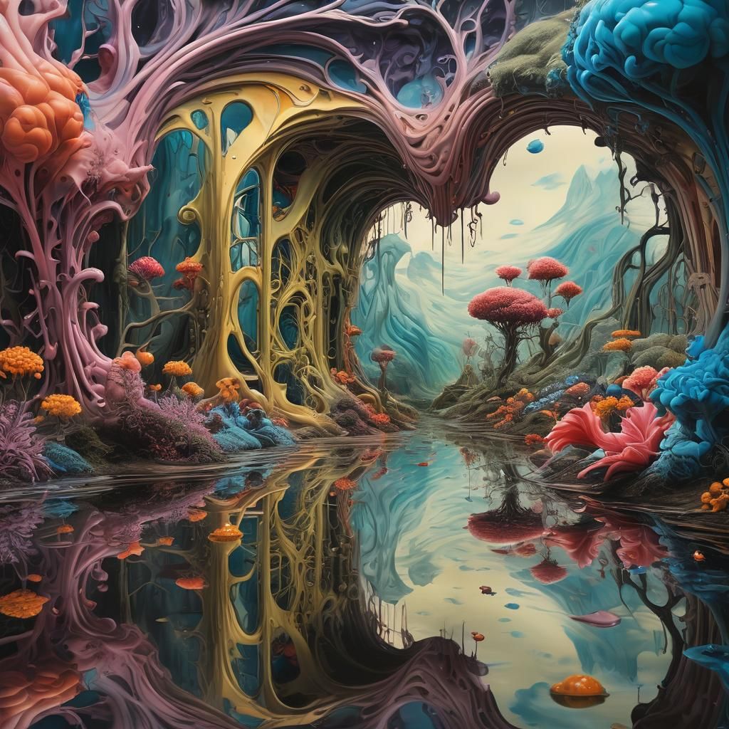 Surrealist Dreamscape with Elastic Flora and Clockwork Plane...