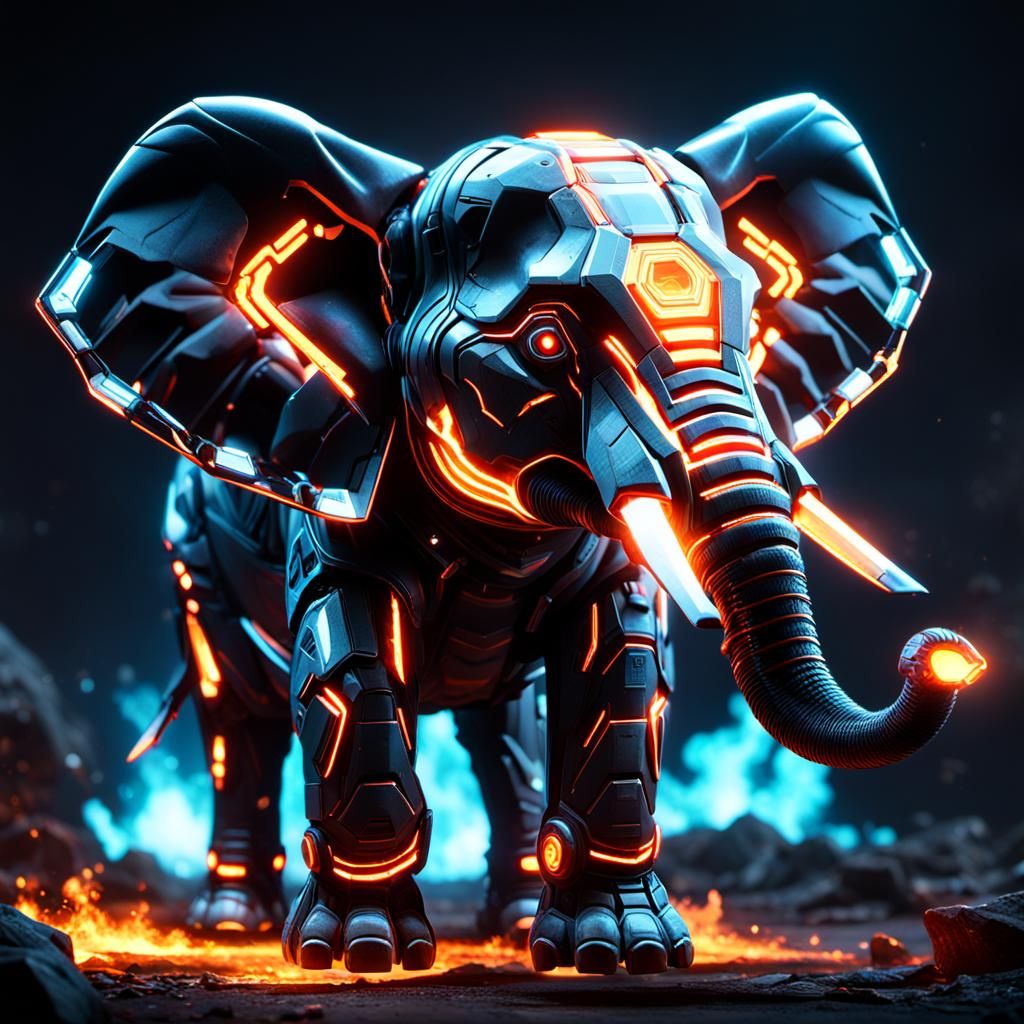Cyberpunk Elephant in Flames, 3D Game Art