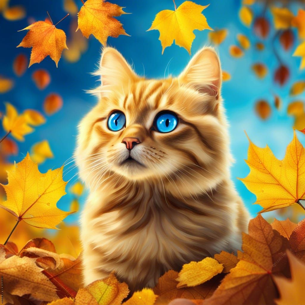 Cute British Cat Portrait with Autumn Leaves