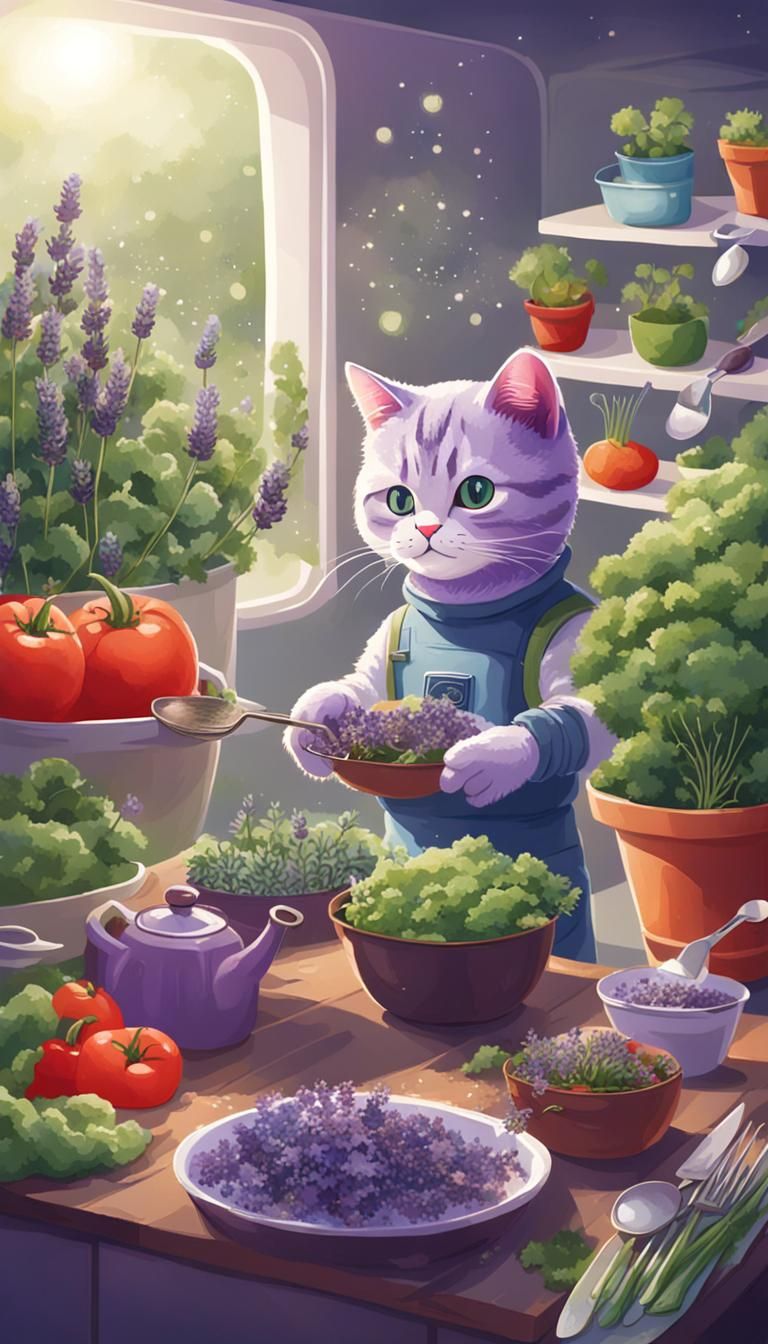 Lavender Cat Gardening in Space for Dinner