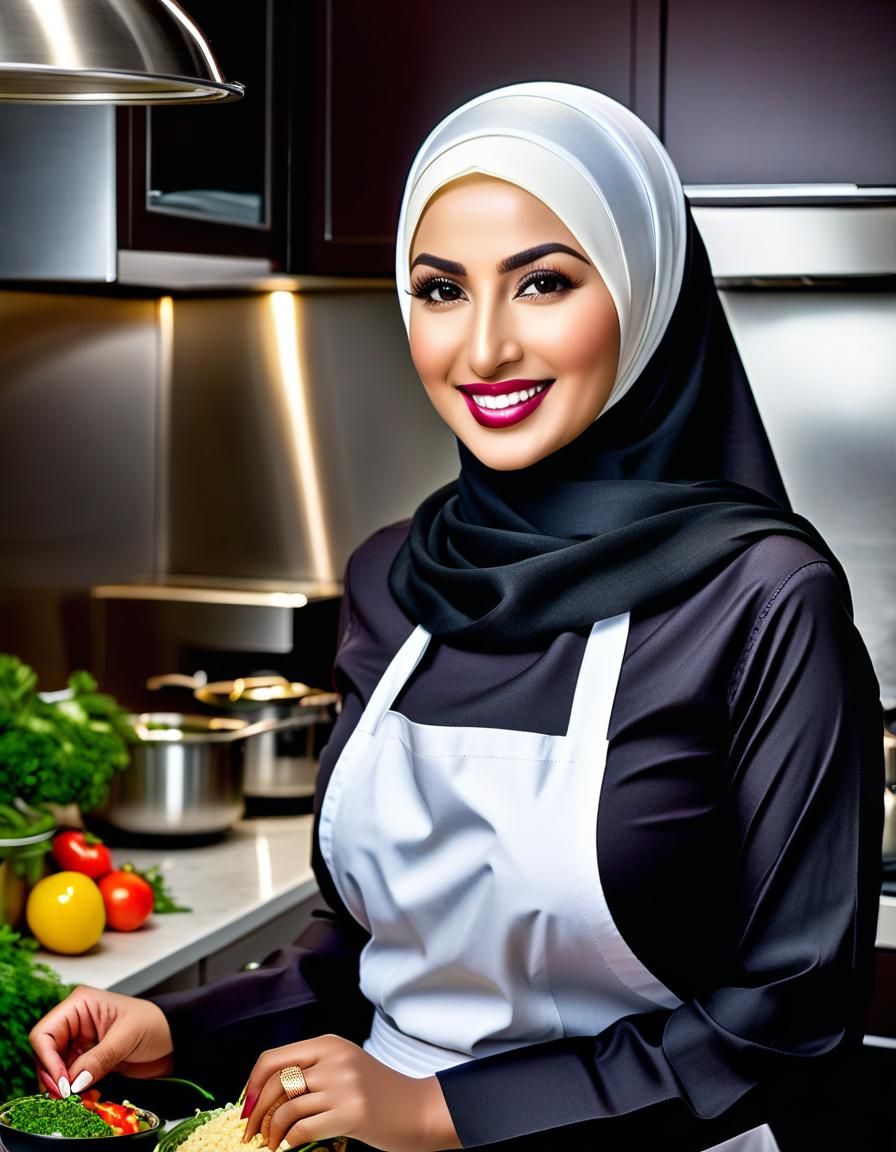 Middle Eastern Woman Chef in Kitchen, Ultrarealistic