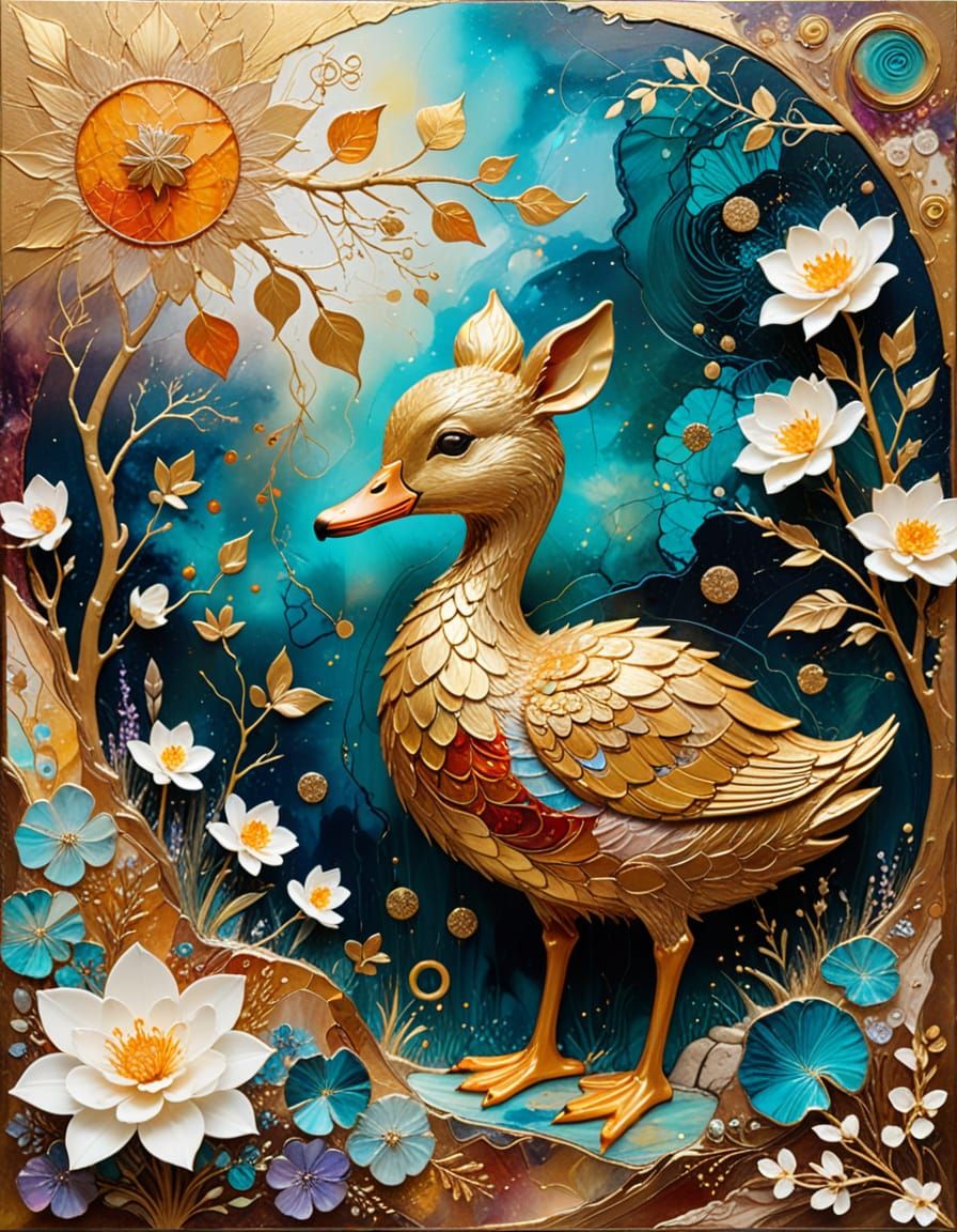 Bambi and Duckling in Surrealist Kintsugi Landscape