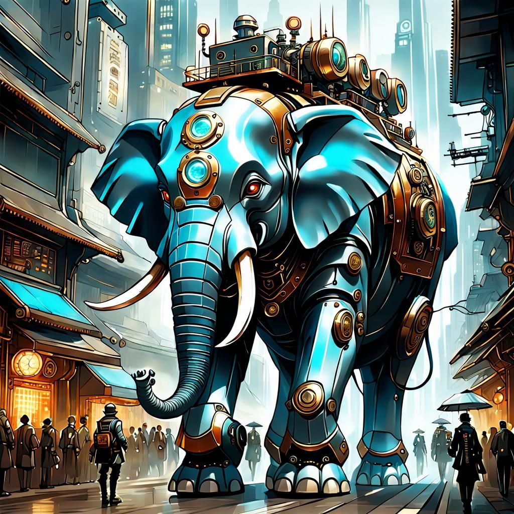 Steampunk Robot Elephant in Metropolis: Manga Illustration