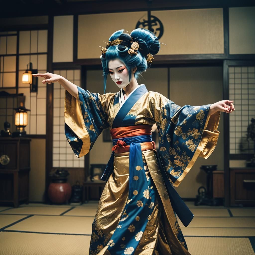 Geisha Dancing in Dojo with Golden Kimono