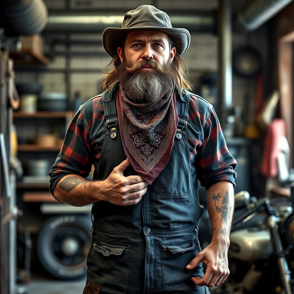 Rugged Outlaw Biker Mechanic in Oil-Stained Overalls