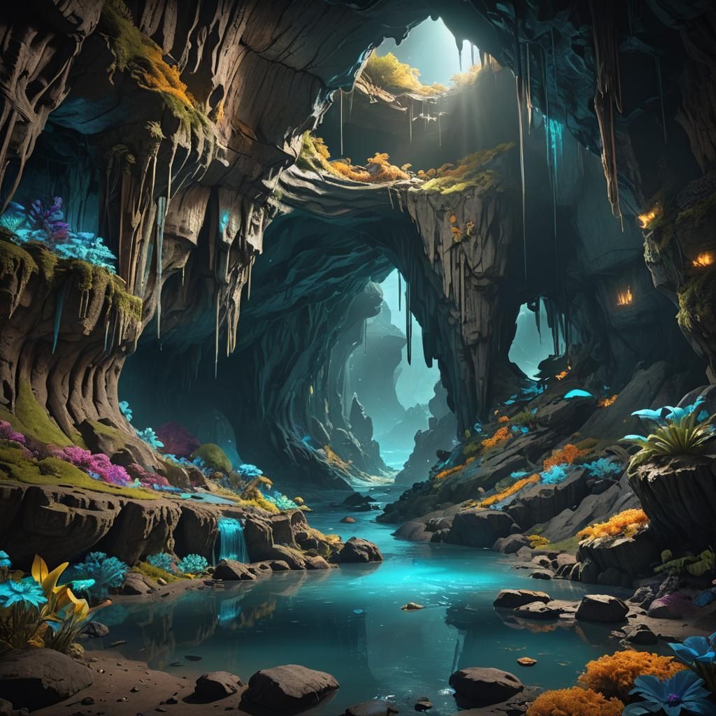 Bioluminescent Cave Fantasy Concept Art
