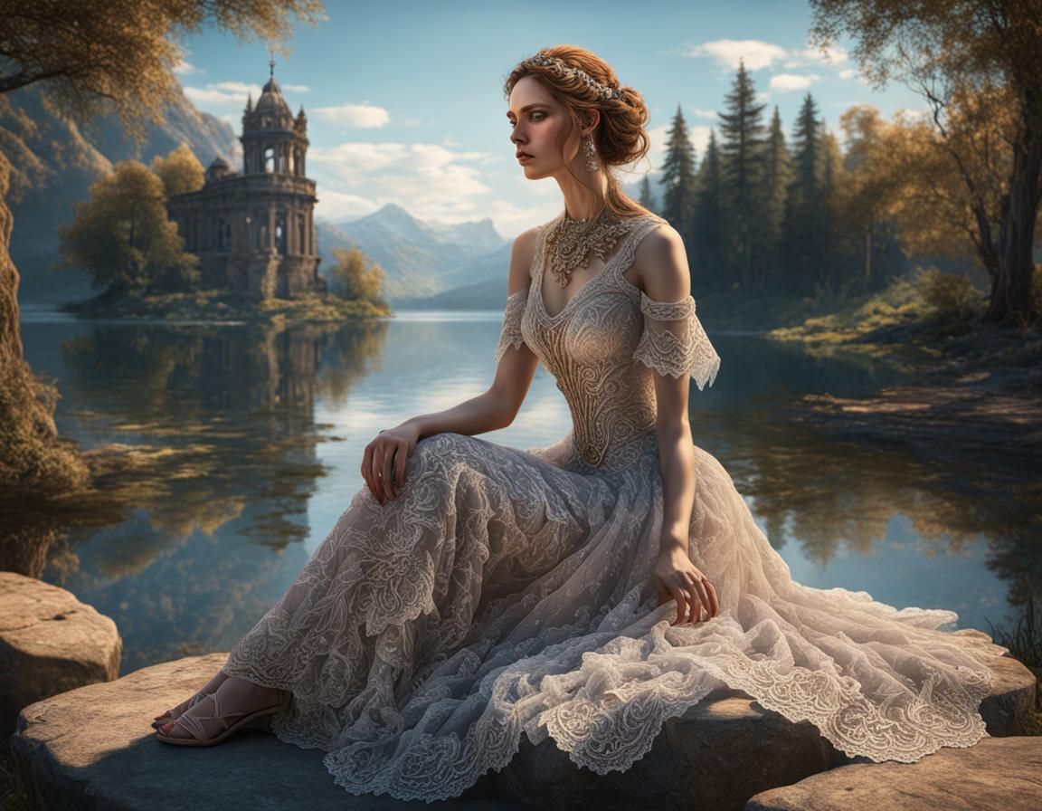 Sad Girl in Lace Dress by Lake