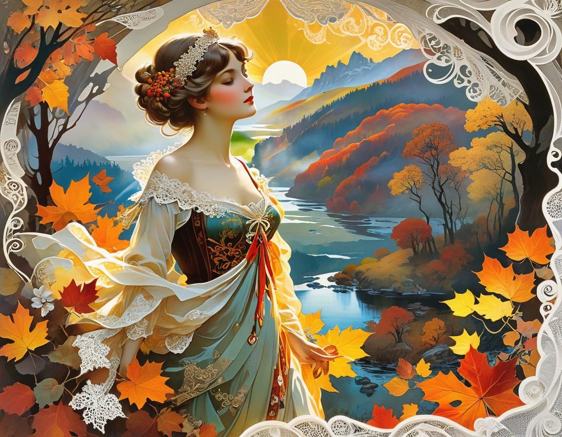 Autumn Morning Collage Painting in Art Nouveau Style