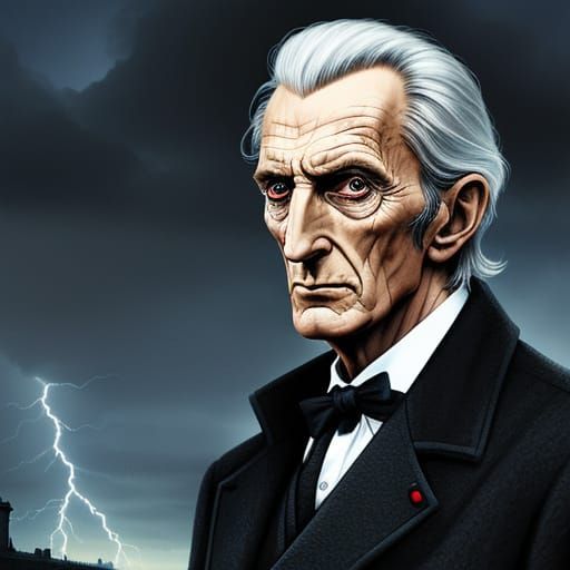 Peter Cushing Portrait with Lightning Background in Hyperrea...