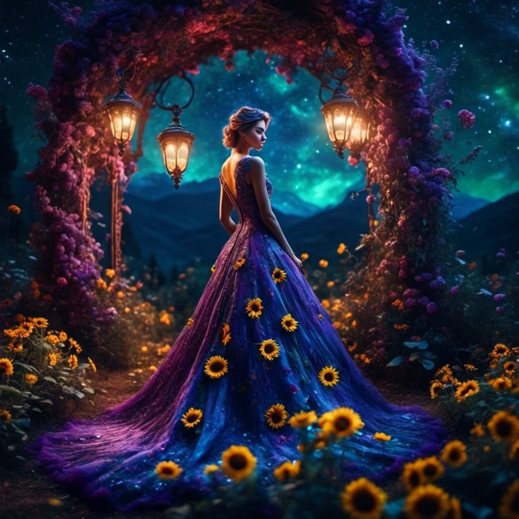 Purple Sunflower Gown in Moonlit Garden, Fantasy Art
