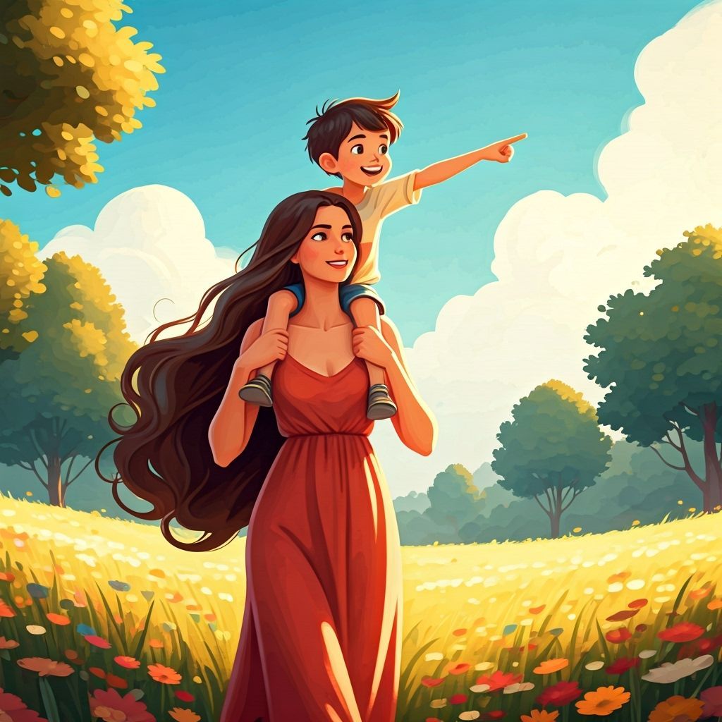 Joyful Mother and Son in Sunlit Meadow