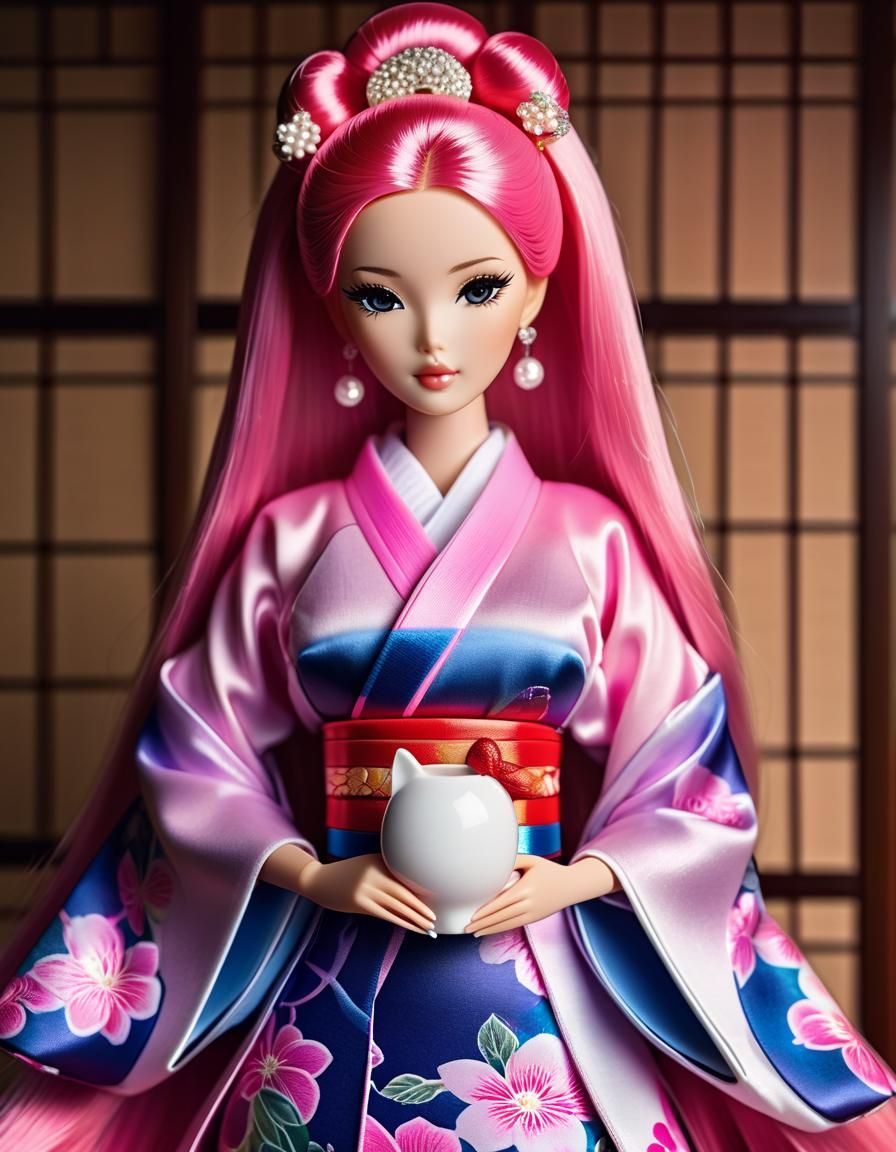 Hyperrealistic Japanese Barbie Doll with Pink Hair