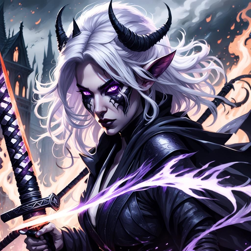 Tiefling Warrior with Katana in Dark Fantasy Style