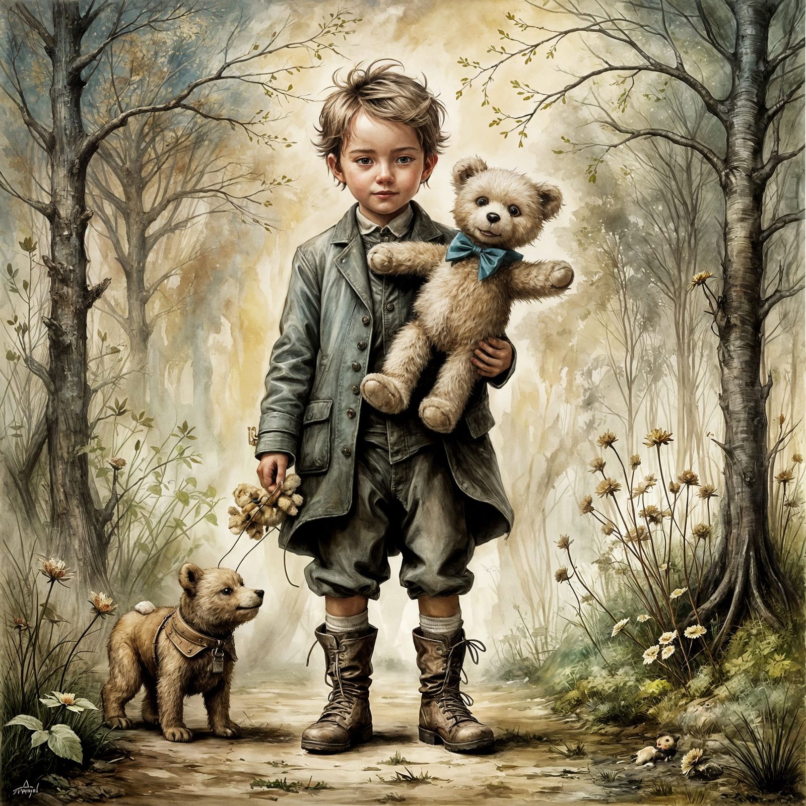 Boy with Teddy Bear Puppet in Acrylic Style
