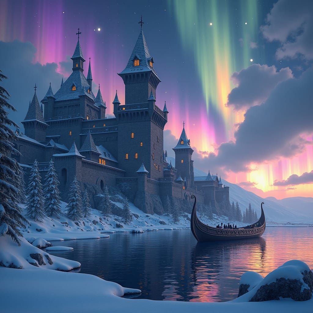 Viking Fortress Under Northern Lights, Digital Art