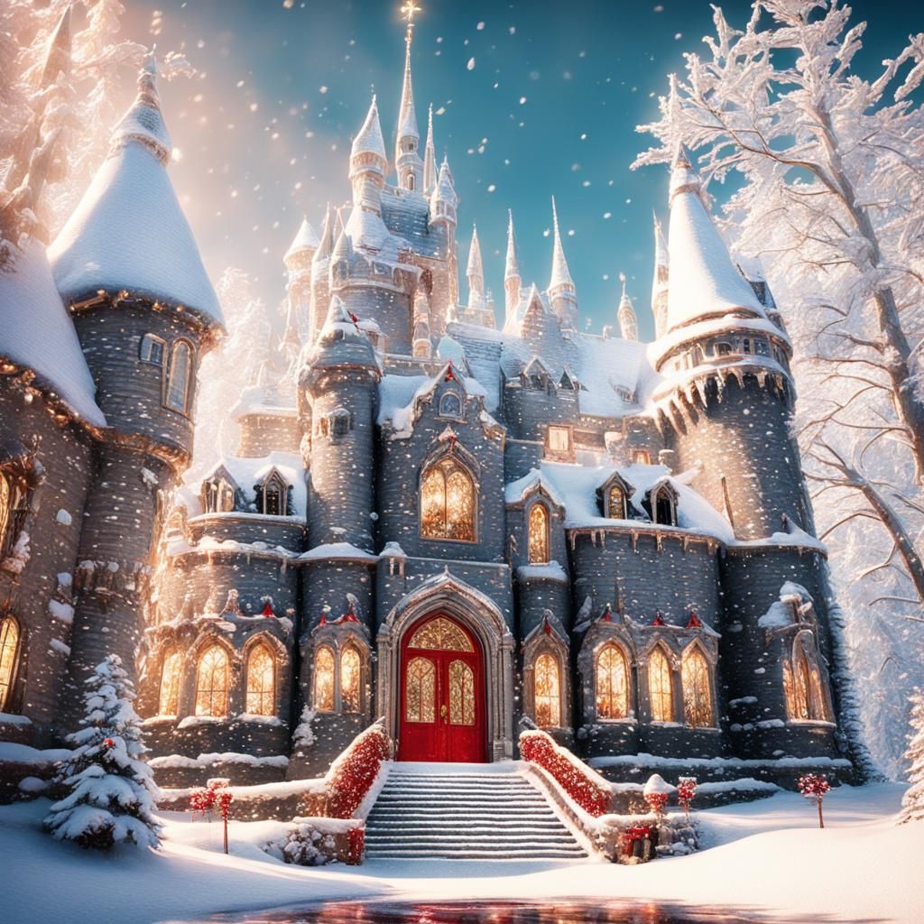 Snowy Christmas Castle in Detailed Airbrush Art