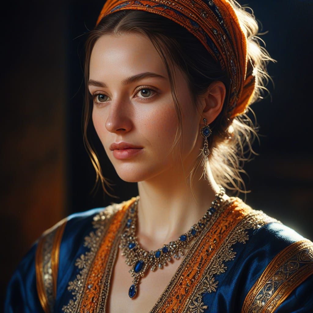 Hyper-Realistic Oil Painting of Woman in Golden Light