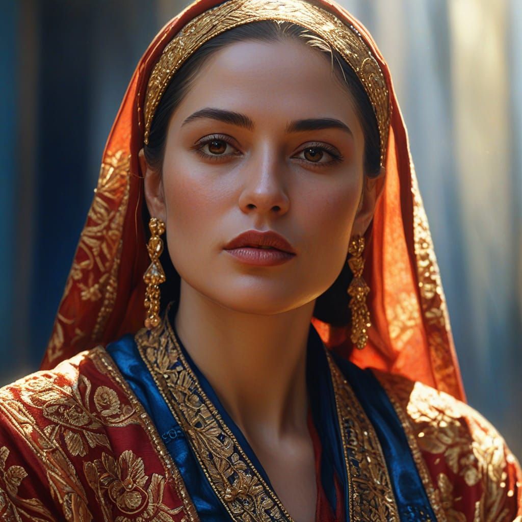 Hyper-Realistic Oil Painting of Woman with Crimson Accents