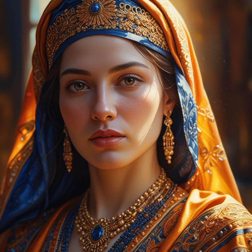 Hyper-Realistic Oil Painting of Woman in Golden Light