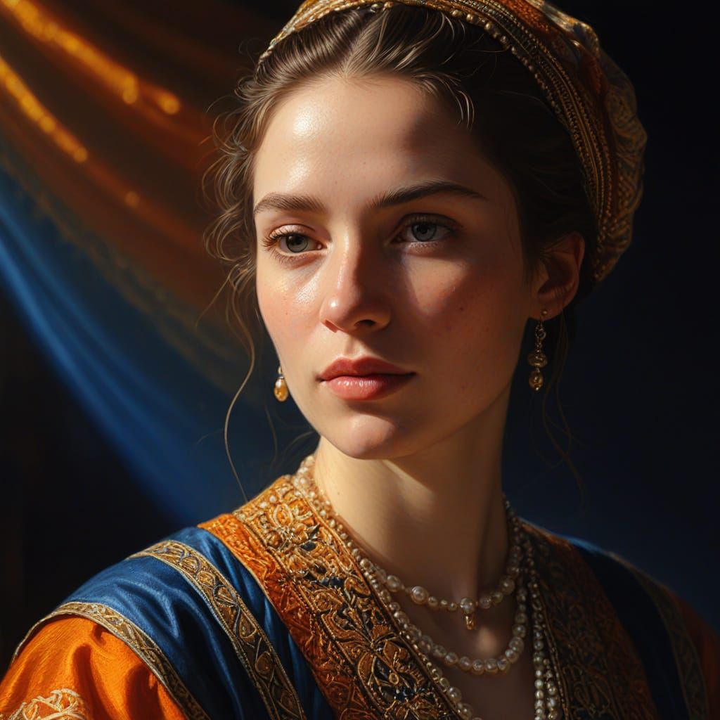 Hyper-Realistic Oil Painting of Woman in Gold Light