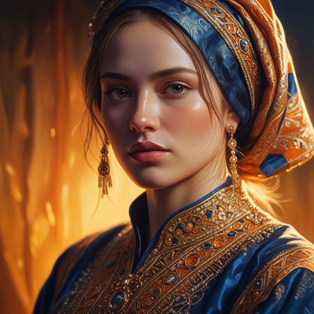 Hyper-Realistic Oil Painting of Woman in Gold Light