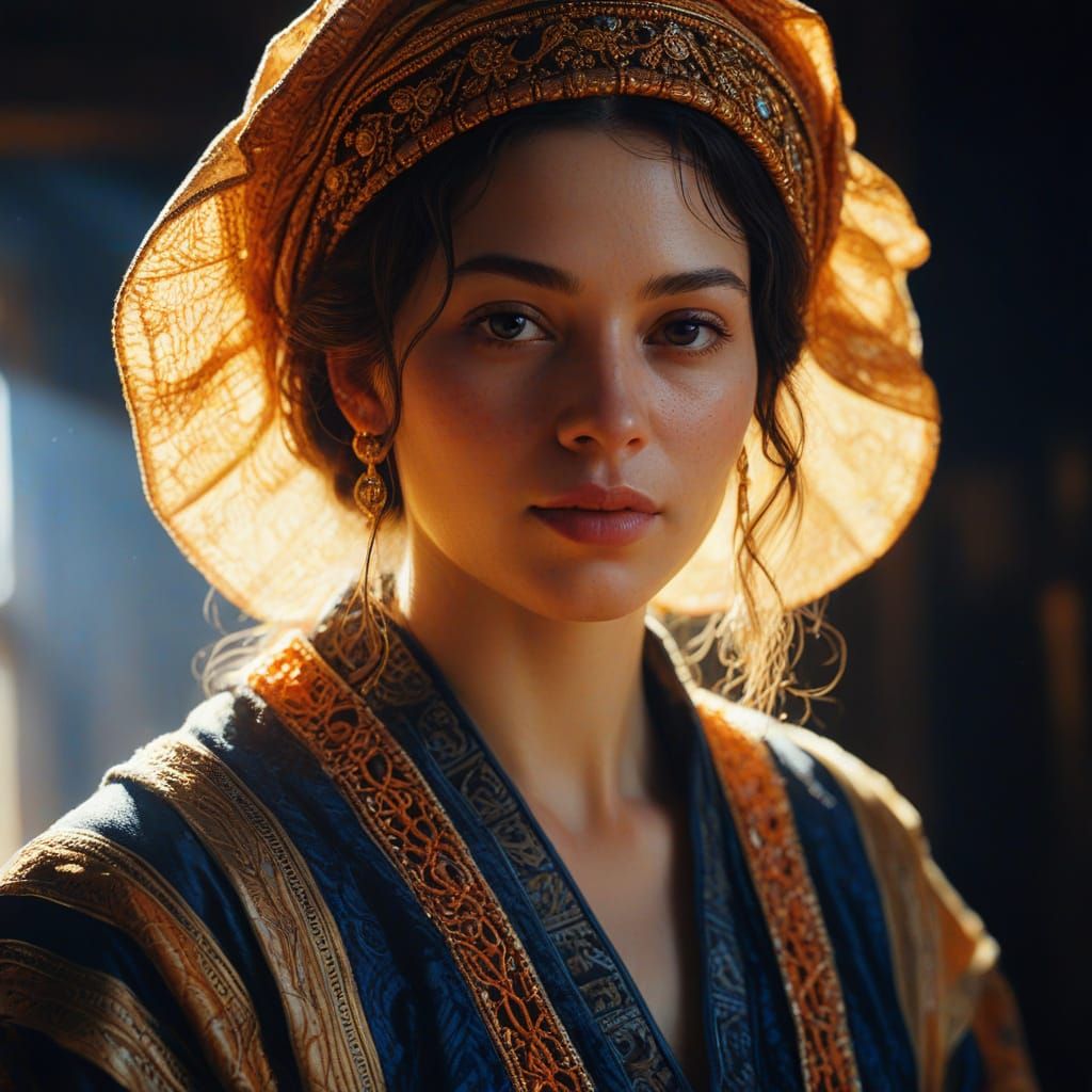 Hyper-Realistic Oil Painting of Woman in Gold Light