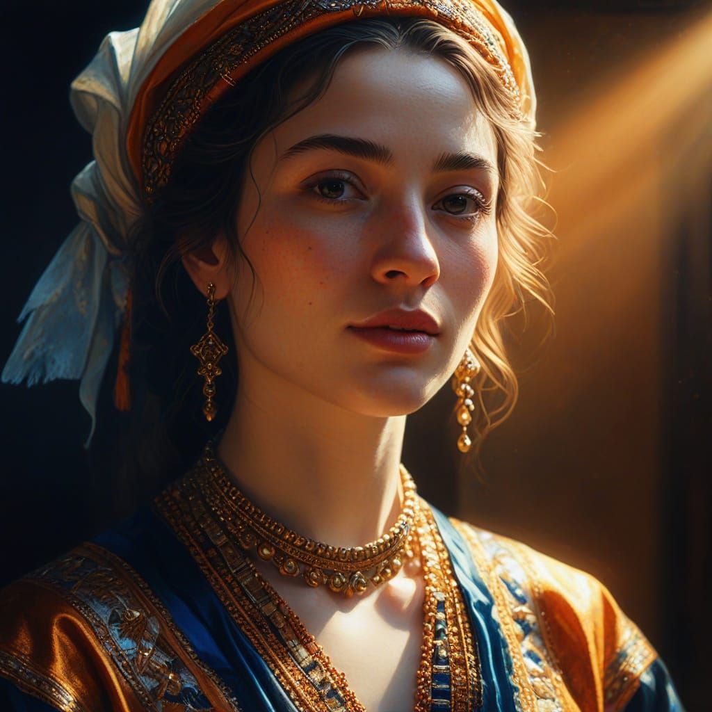 Hyper-Realistic Oil Painting of Woman in Golden Light