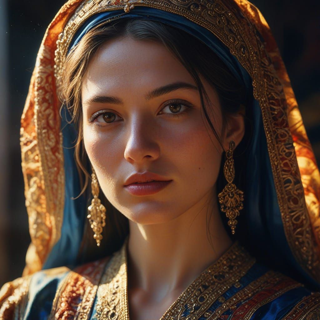 Hyperrealistic Oil Painting of Woman in Crimson and Blue