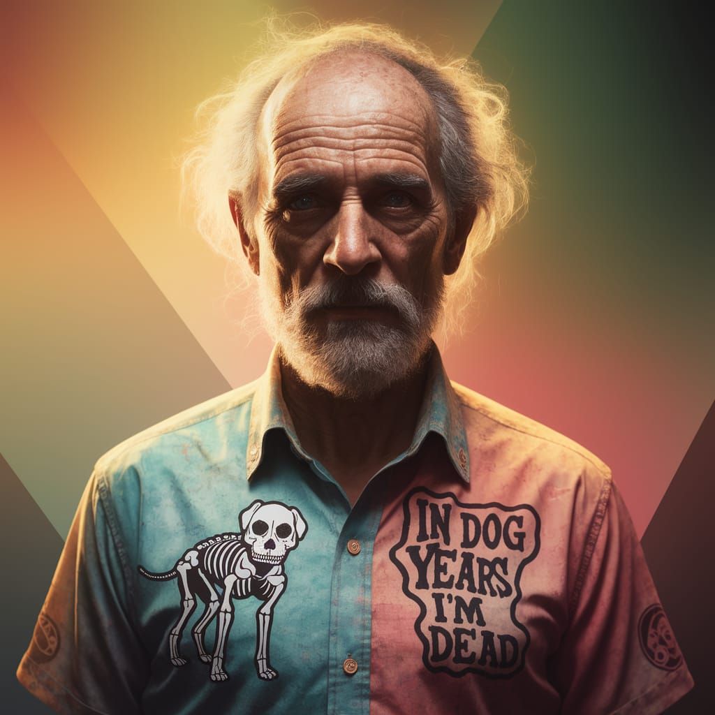 Vibrant Portrait of a Wise Old Man with a Humorous Dog Skele...