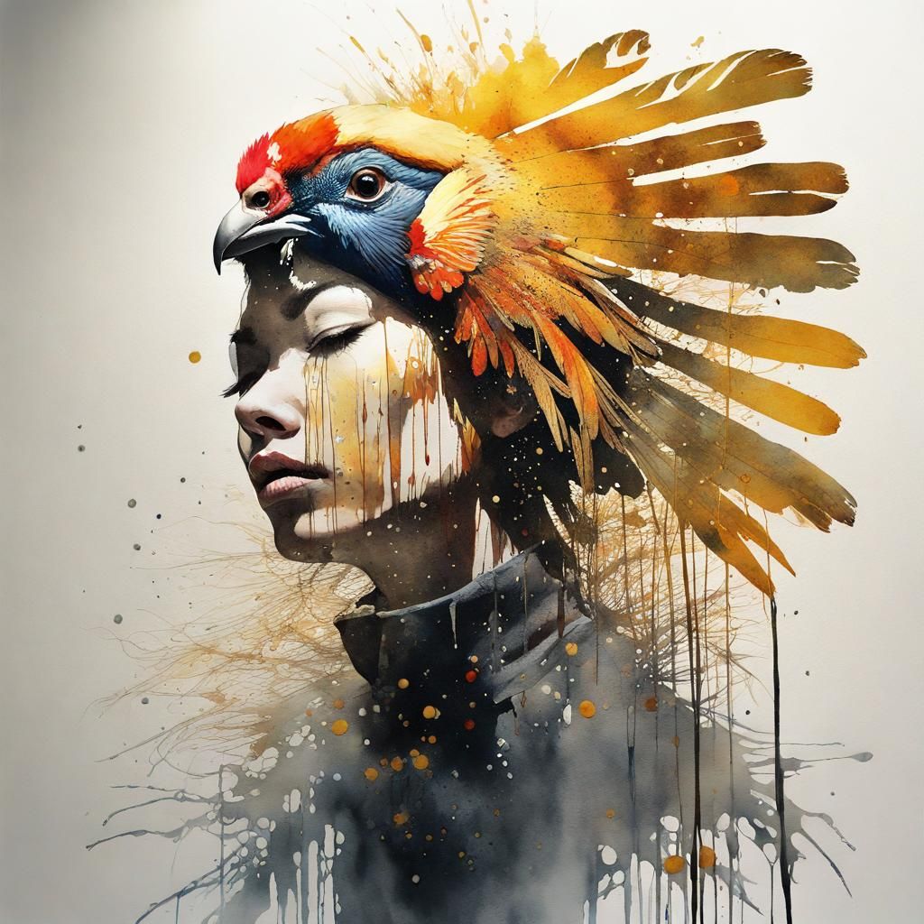 Double Exposure Golden Pheasant Watercolor Painting