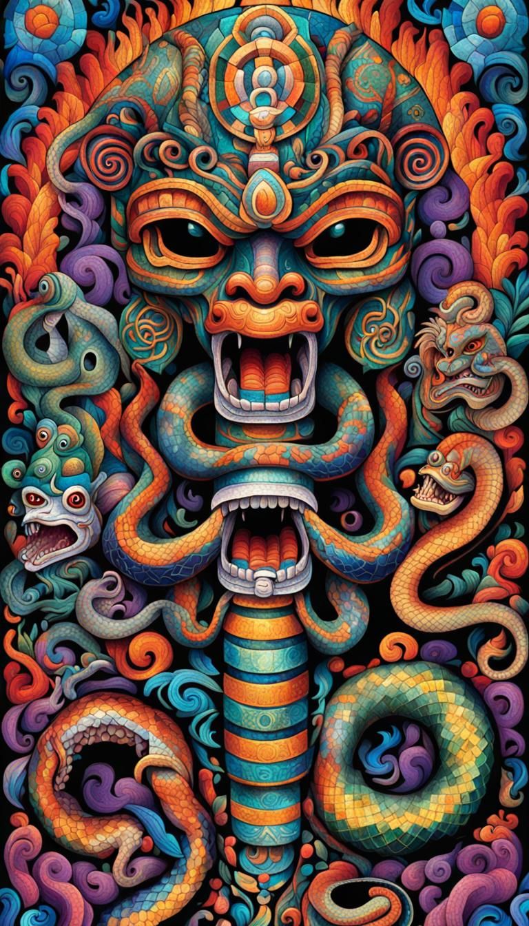 Snakes Emerge from Inca Statue in Colorful Kaleidoscope