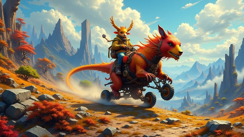 Fantastical Animals Race Downhill in Vibrant Steampunk Style