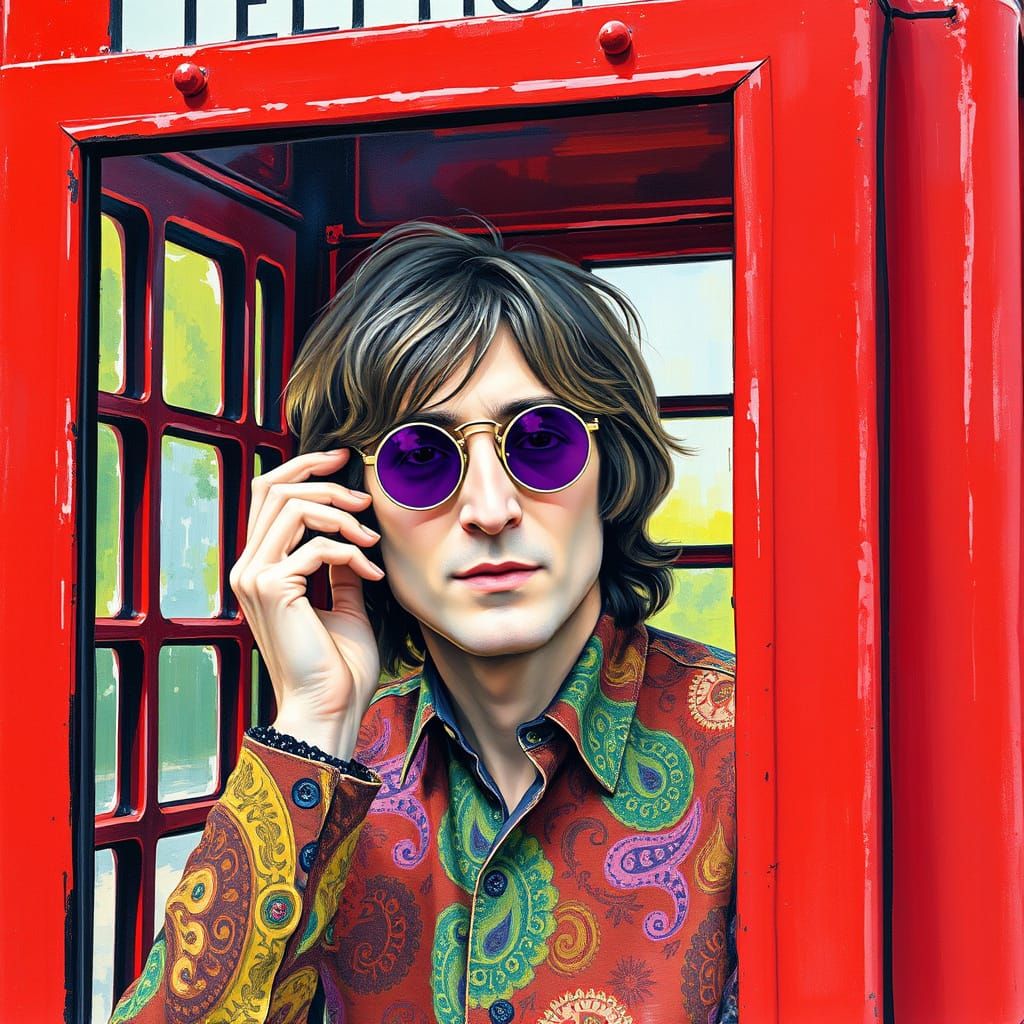 John Lennon in British Phone Booth, Gouache Style