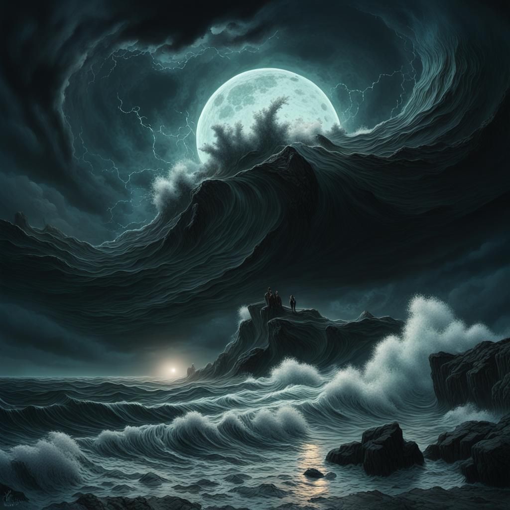 Black Moon Over Tempestuous Sea, Surreal Fantasy Art