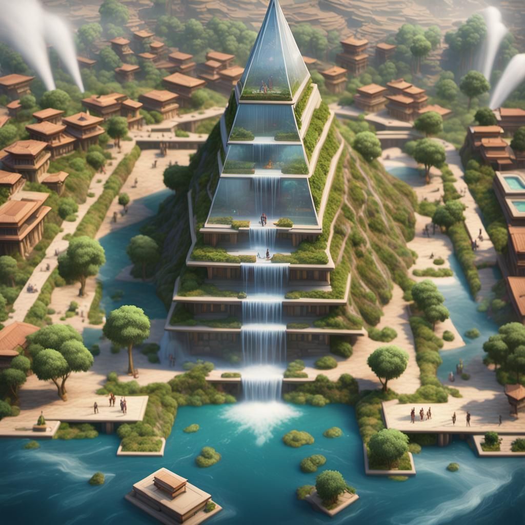 Waterfall Pyramid with Sliding Houses: Splash Art