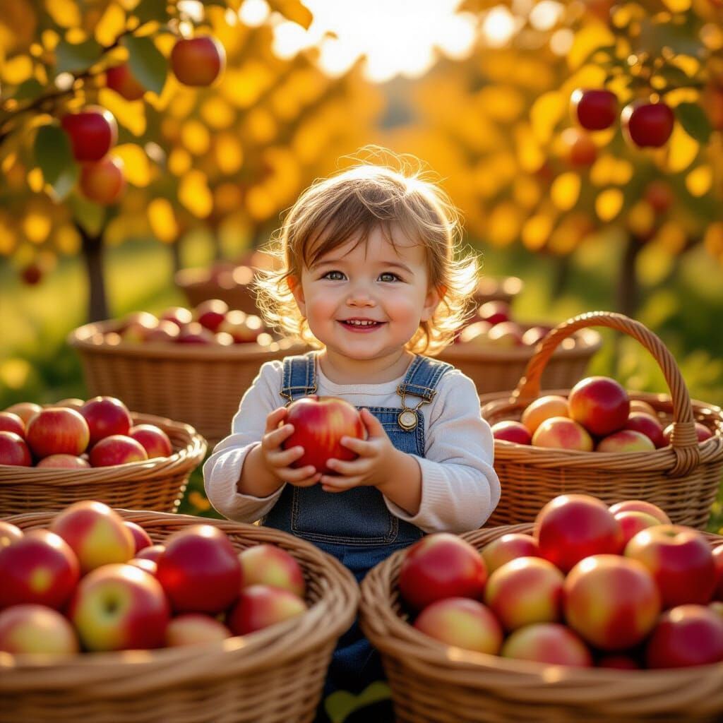 Child Picks Apples in Sunny Fall Orchard