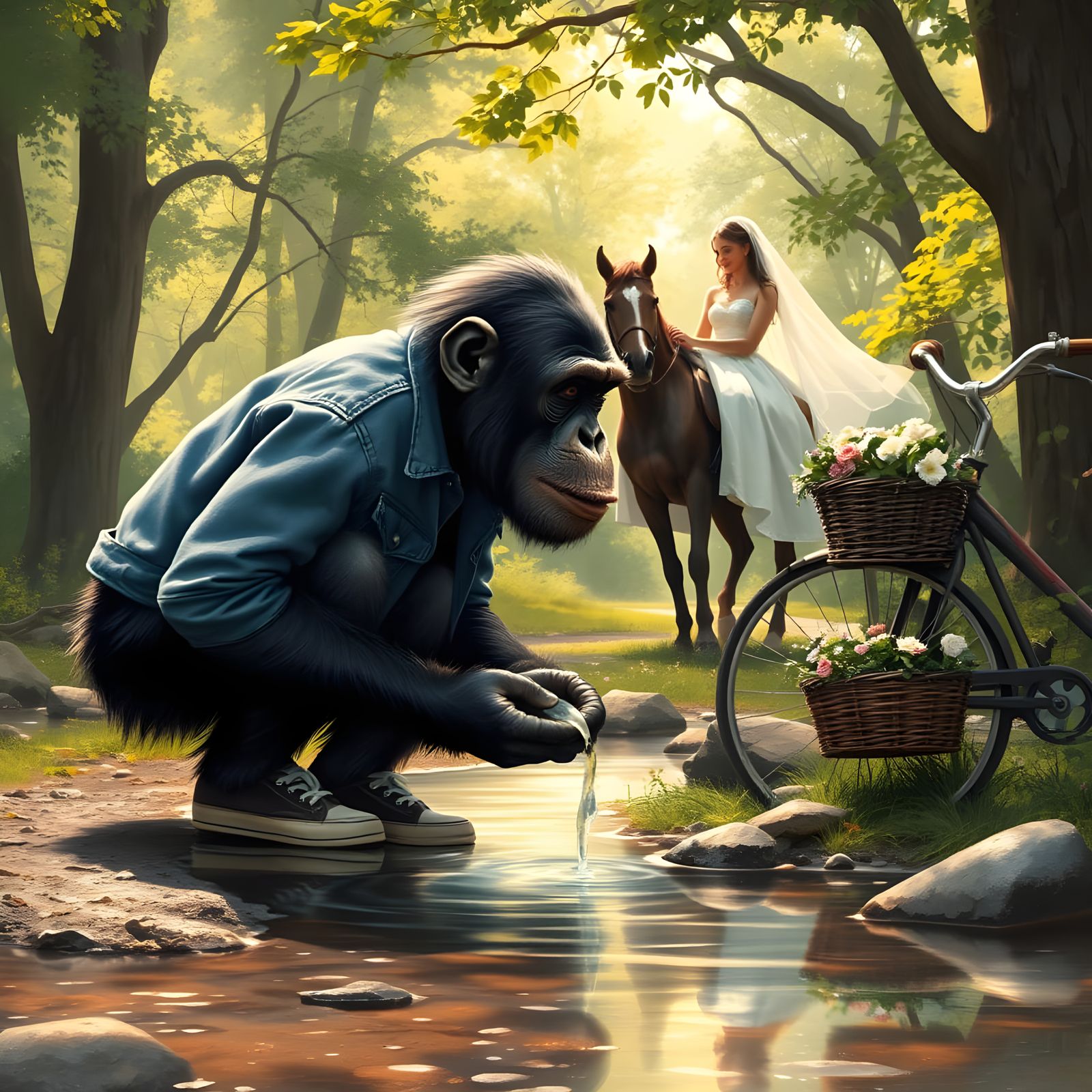 A Chimpanzee Drank from a River in an Urban Forest with a We...