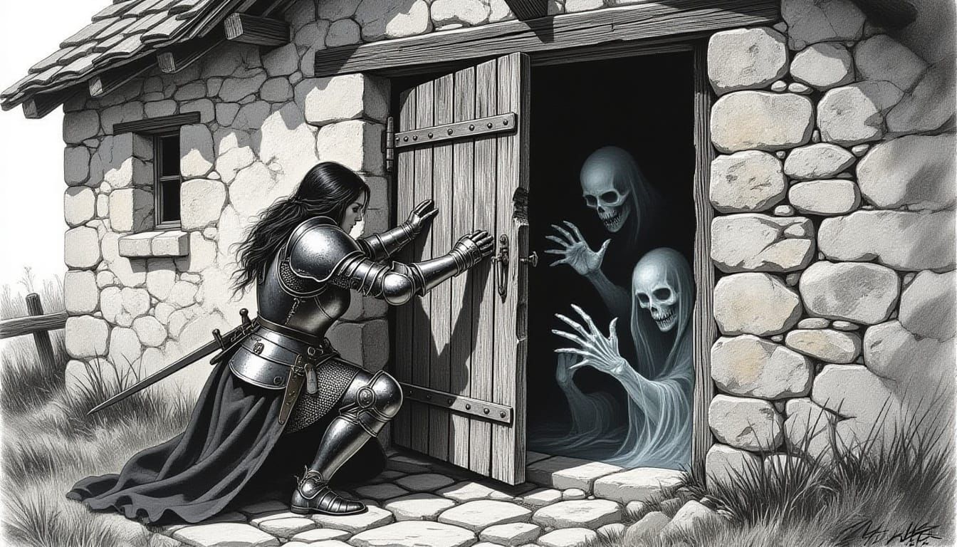 Knight Defends Cottage From Spectral Hands in Charcoal Style