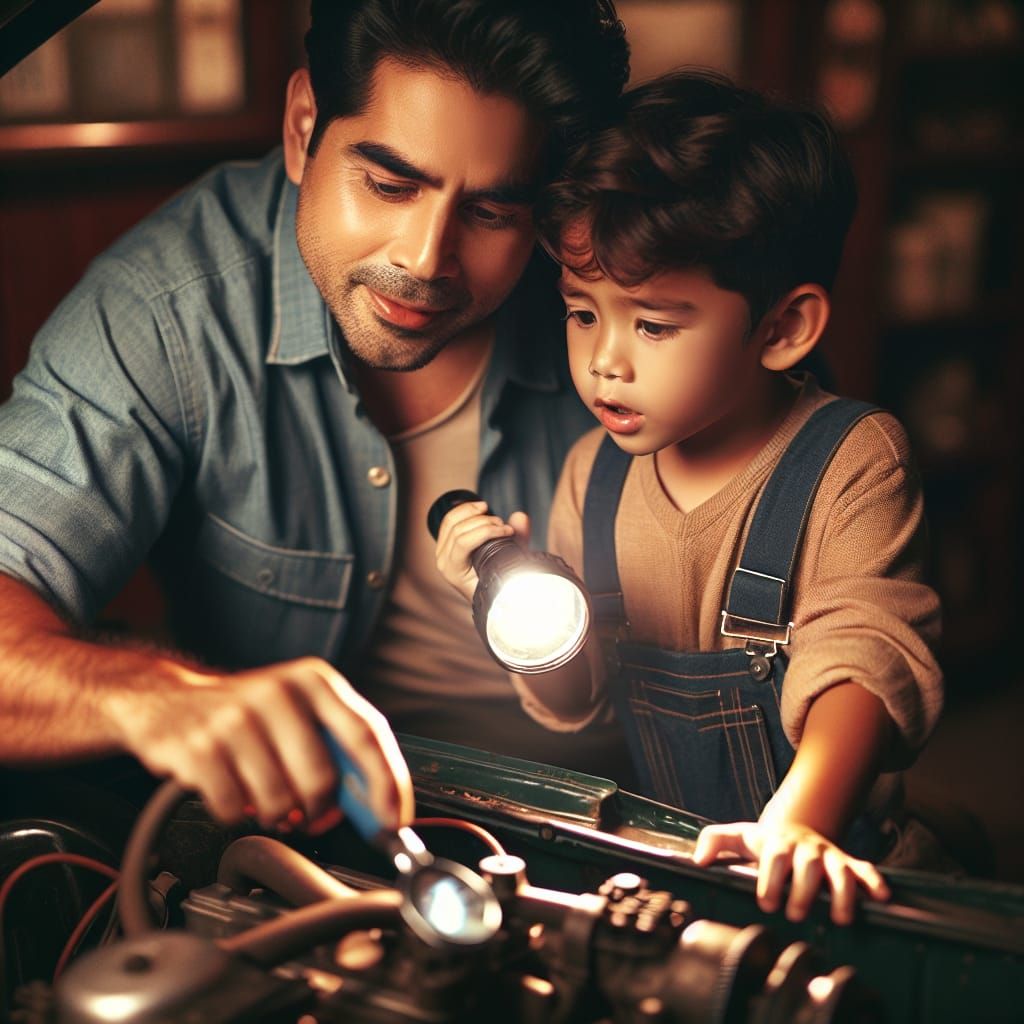 Touching Father-Son Moment: Car Repair Companionship