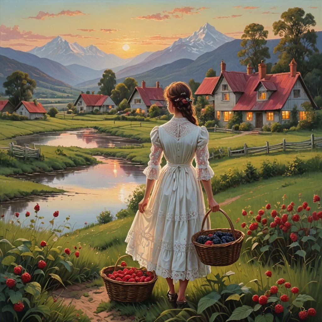 Girls Harvesting Raspberries: Oil Painting Style