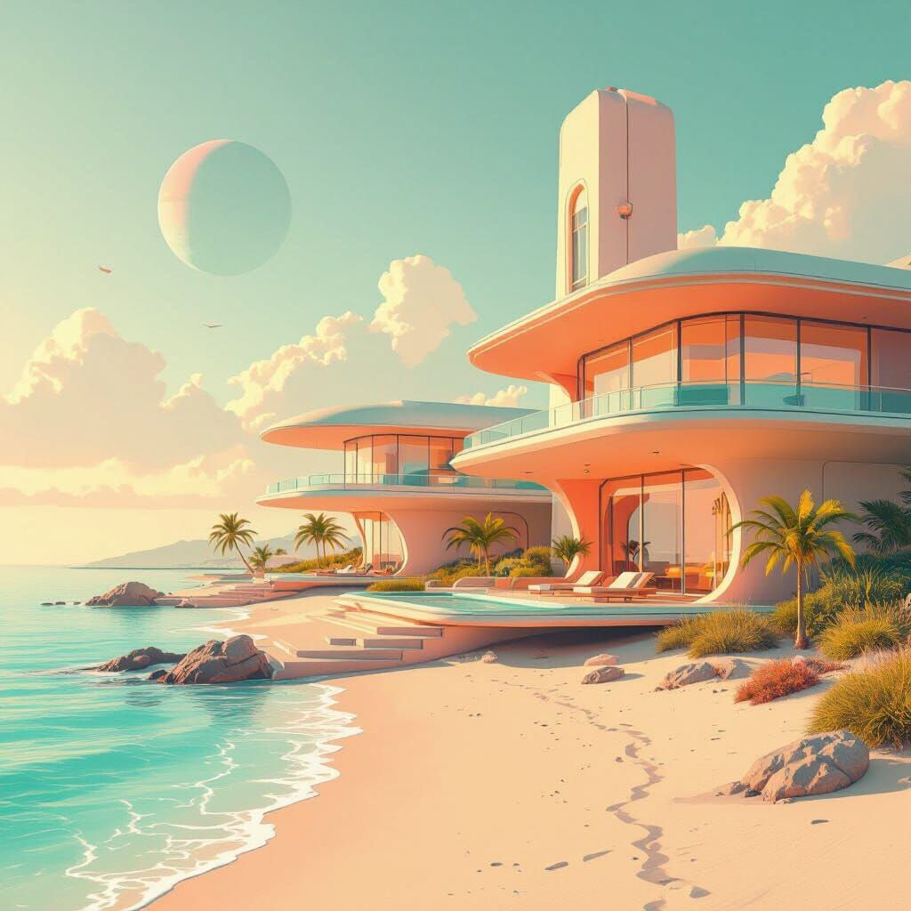 Retro-Futuristic Seaside Utopia in Pastel Colors