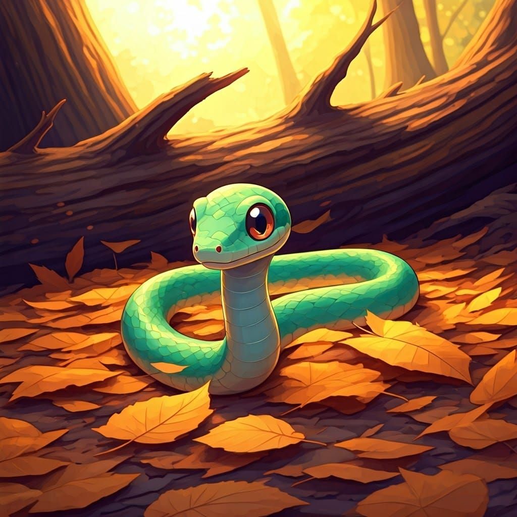 Adorable Green Snake Playing in Fall Leaves in Anime Style