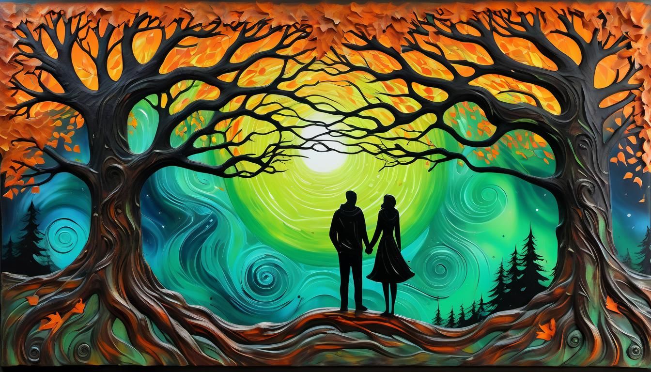 Surreal Trees Embrace Figures in Graffiti Art