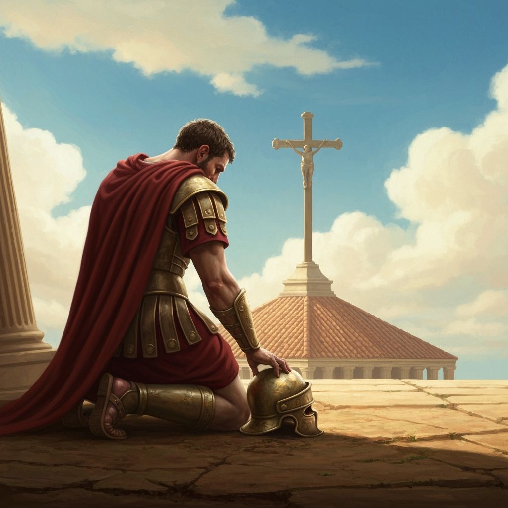 Roman Legionary Kneels Before Cross on Ancient Temple